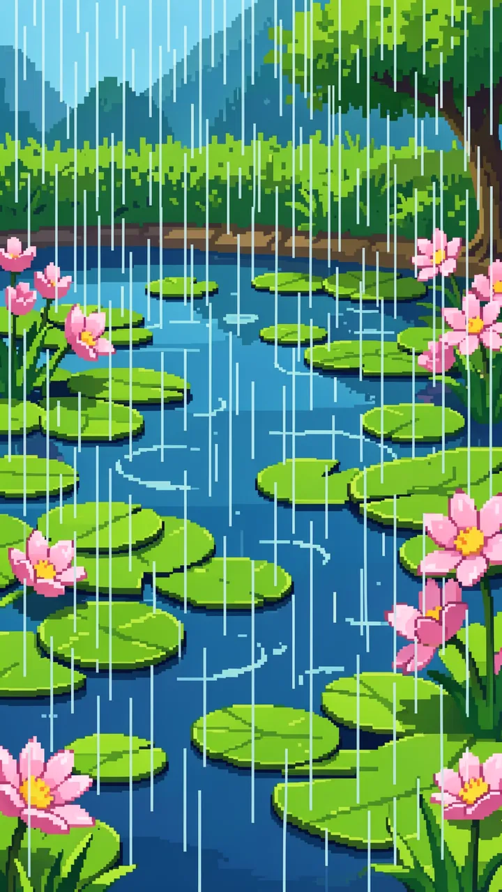 Retro 16-bit pixel art of spring rain falling on a pond with lily pads and pink lotus blossoms