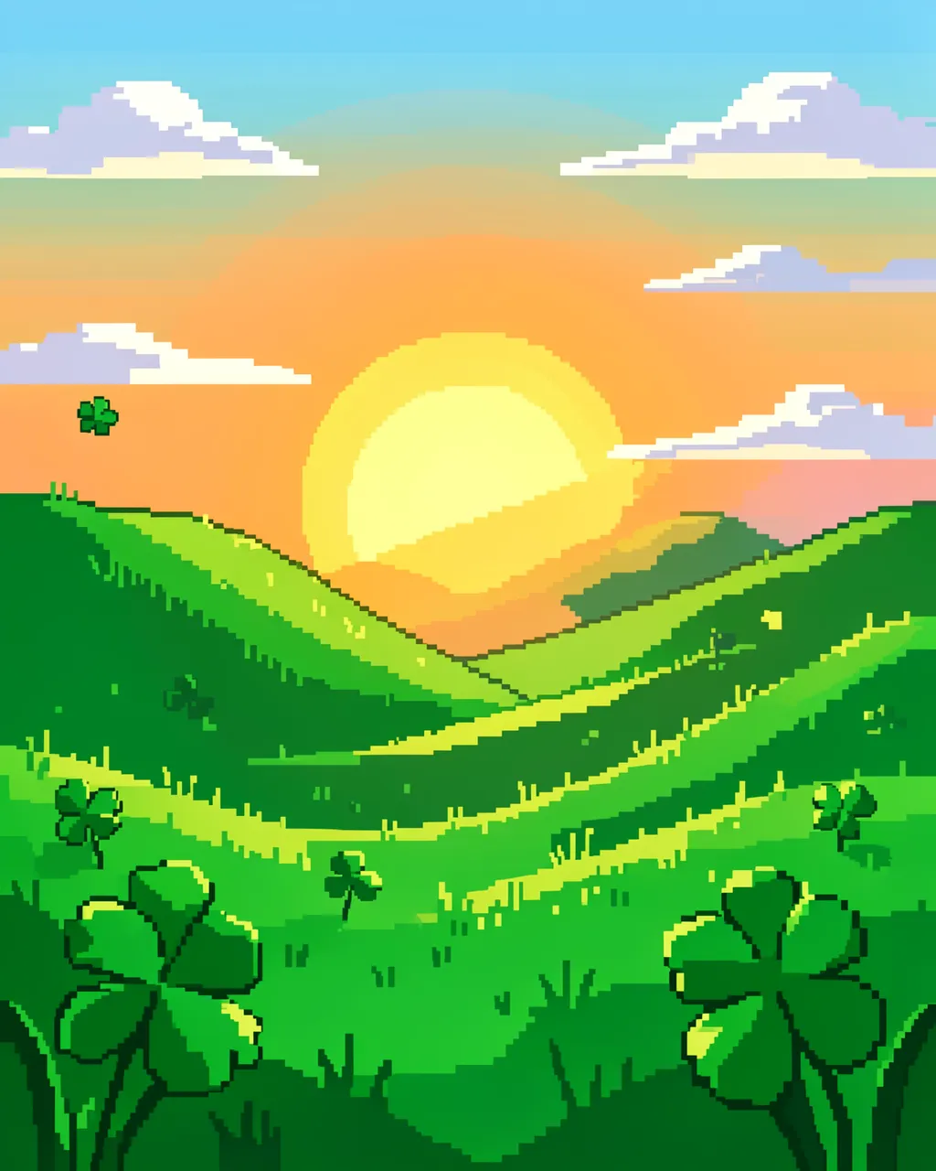 16-bit pixel art scene of rolling green clover hills at a bright warm sunrise