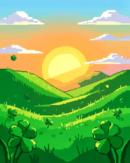 16-bit pixel art scene of rolling green clover hills at a bright warm sunrise