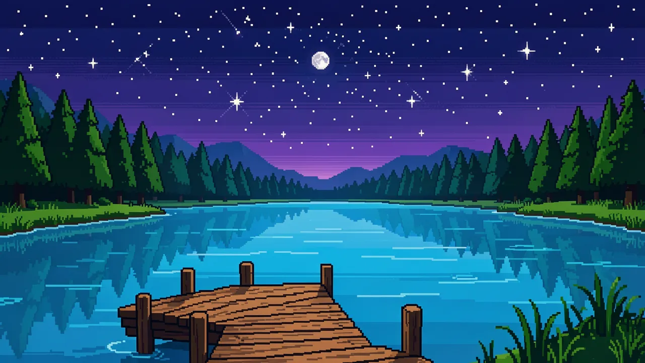 16-bit pixel art scene of a wooden lake dock under a starry moonlit night sky with surrounding pine trees