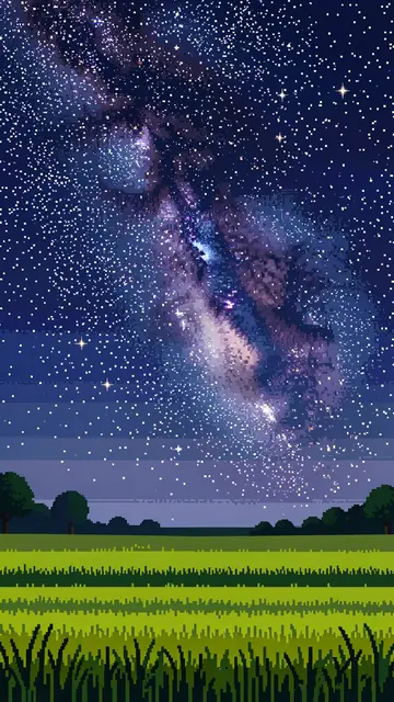 16-bit pixel art illustration of a starry milky way sky above a quiet grassy field