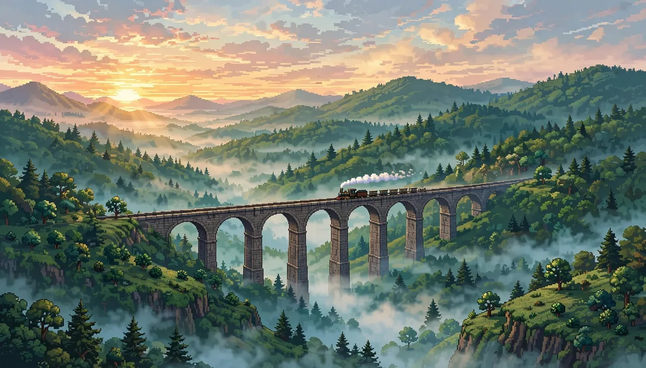 16-bit pixel art of a steam train crossing a stone viaduct over a misty forest valley at sunrise