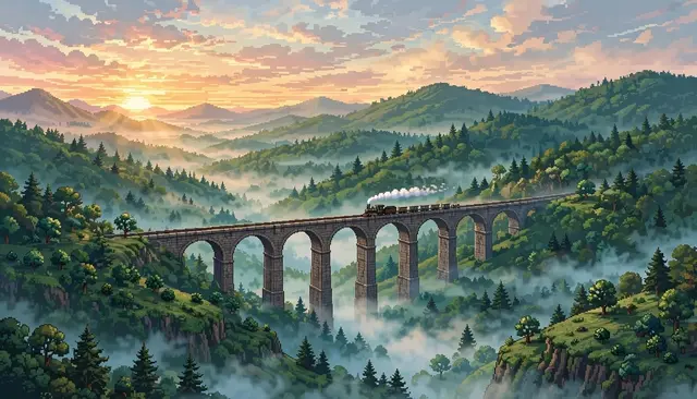 16-bit pixel art of a steam train crossing a stone viaduct over a misty forest valley at sunrise