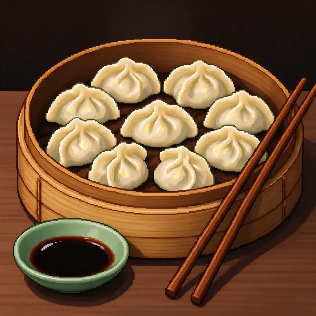 16-bit pixel art of dumplings in a bamboo steamer with soy sauce and wooden chopsticks on a table