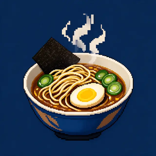 16-bit pixel art illustration of a steaming ramen bowl topped with egg, green onions and nori on a solid navy background