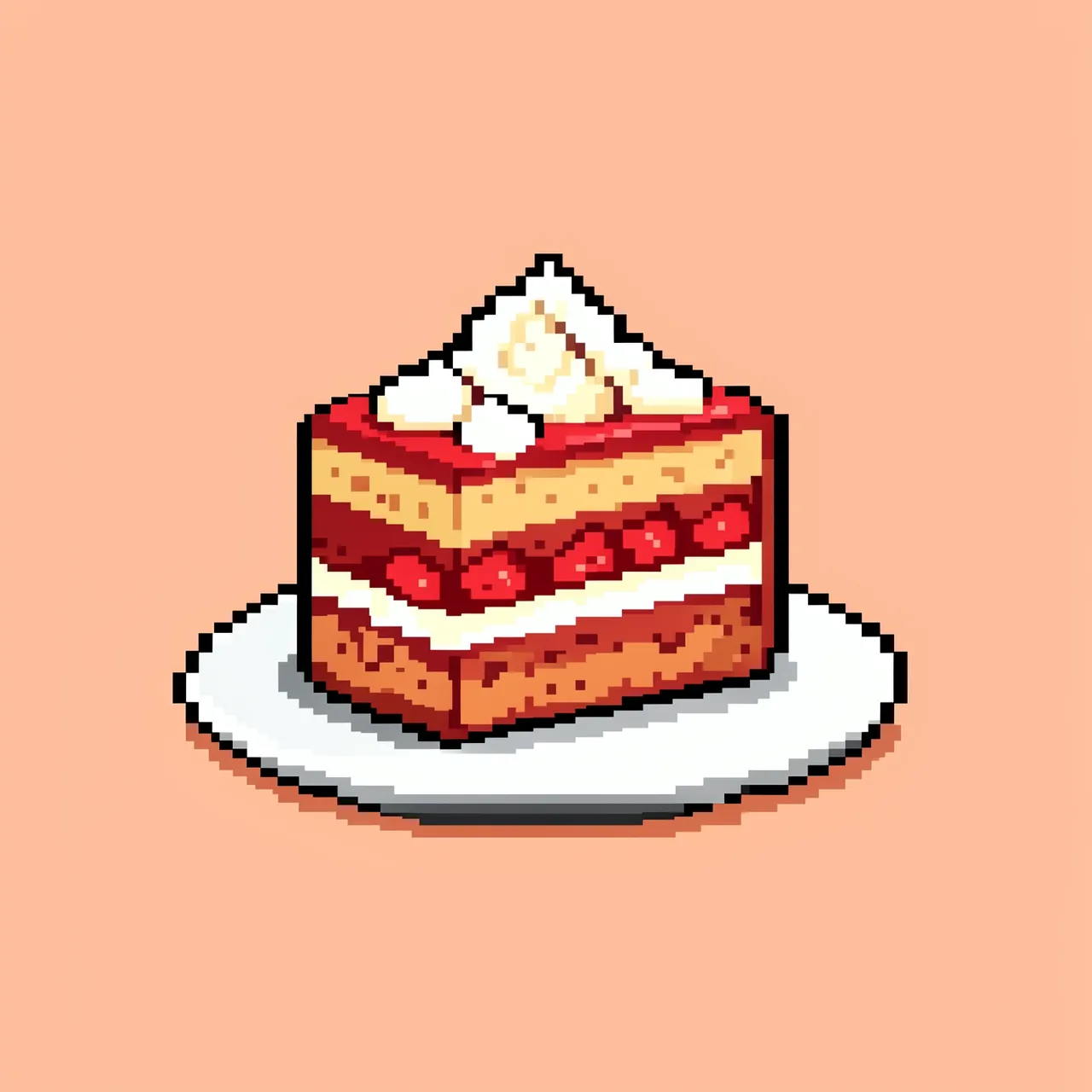 16-bit pixel art of a layered strawberry cake slice with cream on a small white plate against a peach background