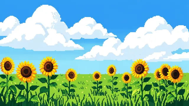 Retro 16-bit pixel art of a summer sunflower meadow under fluffy white clouds and bright blue sky