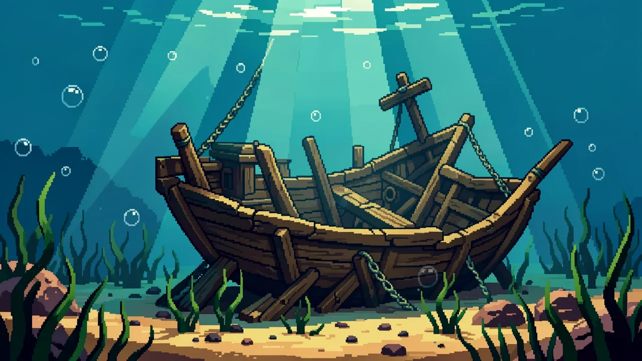Retro 16-bit pixel art of a wooden shipwreck resting on a sandy seabed with sunbeams, bubbles and sea grass