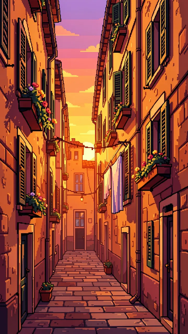16-bit pixel art of a narrow stone residential alley at warm sunset, lined with flower boxes and hanging laundry.
