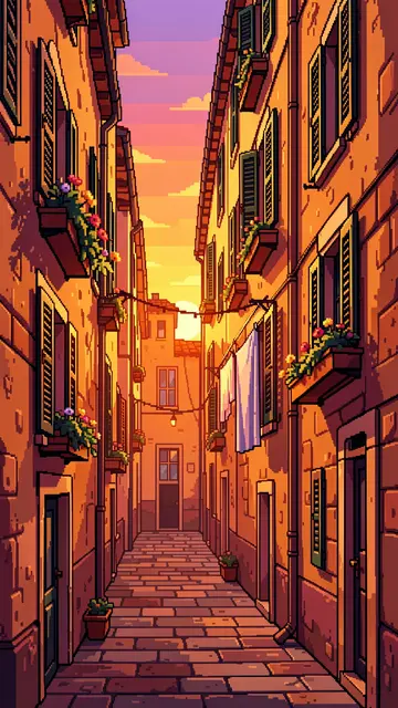 16-bit pixel art of a narrow stone residential alley at warm sunset, lined with flower boxes and hanging laundry.