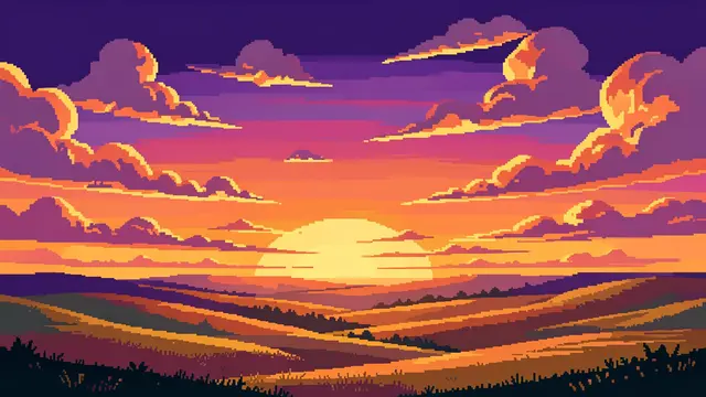 16-bit pixel art style sunset sky with purple and orange clouds over rolling countryside plains