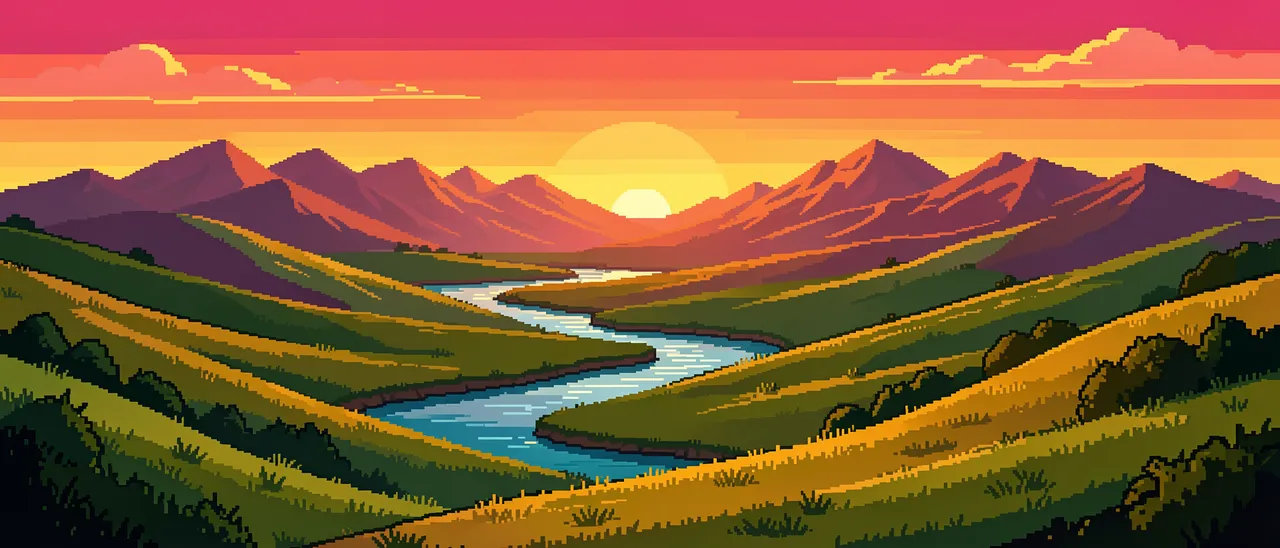 16-bit pixel art landscape shows rolling green hills, a winding river and distant mountains at glowing sunset