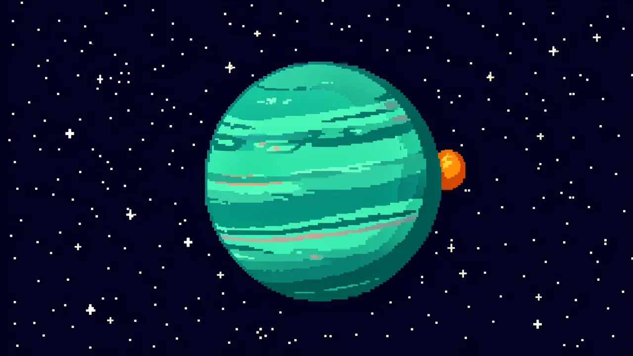 Retro 16-bit pixel art of a teal gas giant with an orange moon set against a starry dark space background