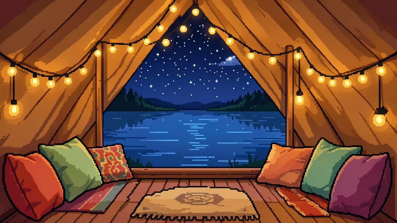 Cozy pixel art tent interior with fairy lights and pillows overlooking a starry night lake