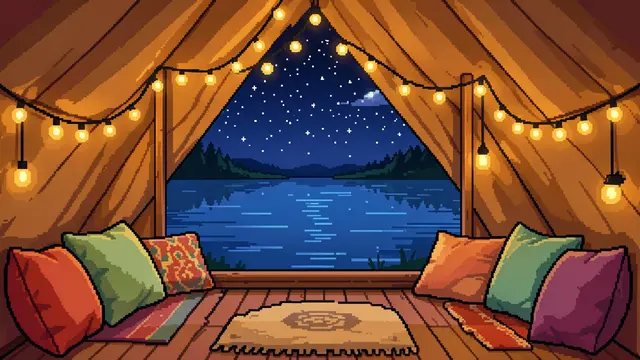 Cozy pixel art tent interior with fairy lights and pillows overlooking a starry night lake