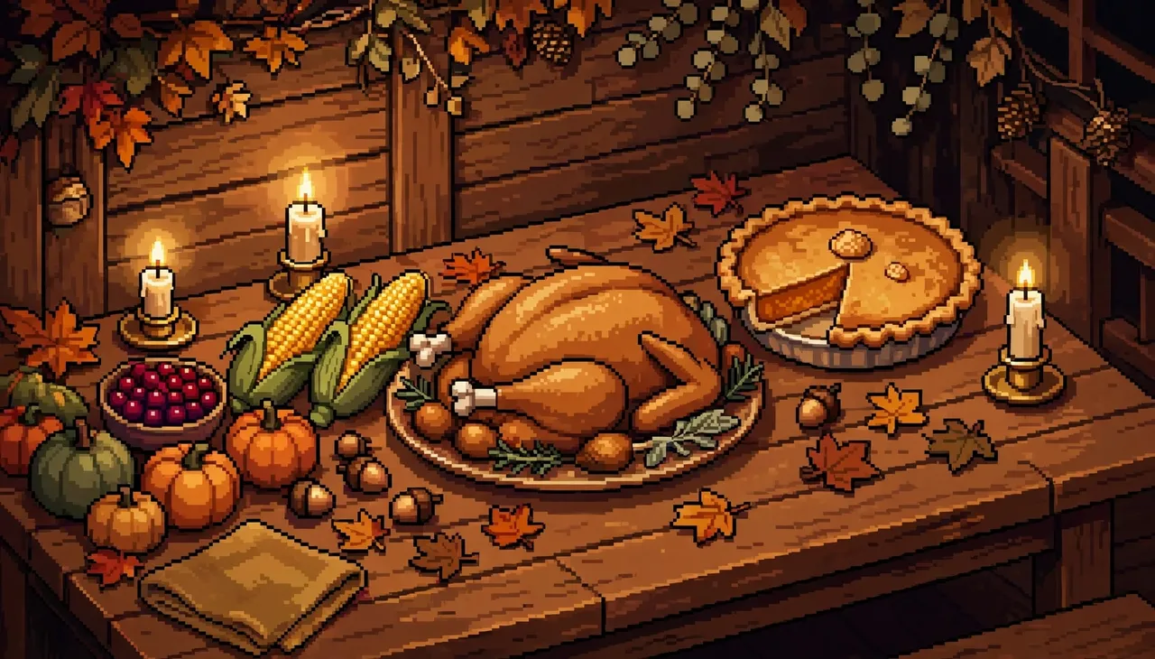 Retro 16-bit pixel art of a warm lit Thanksgiving table set with turkey, pie, corn and candles.