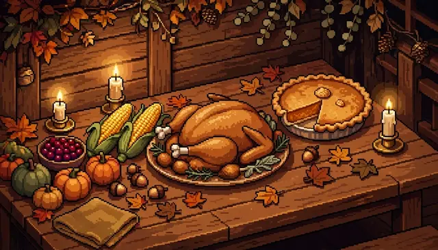 Retro 16-bit pixel art of a warm lit Thanksgiving table set with turkey, pie, corn and candles.
