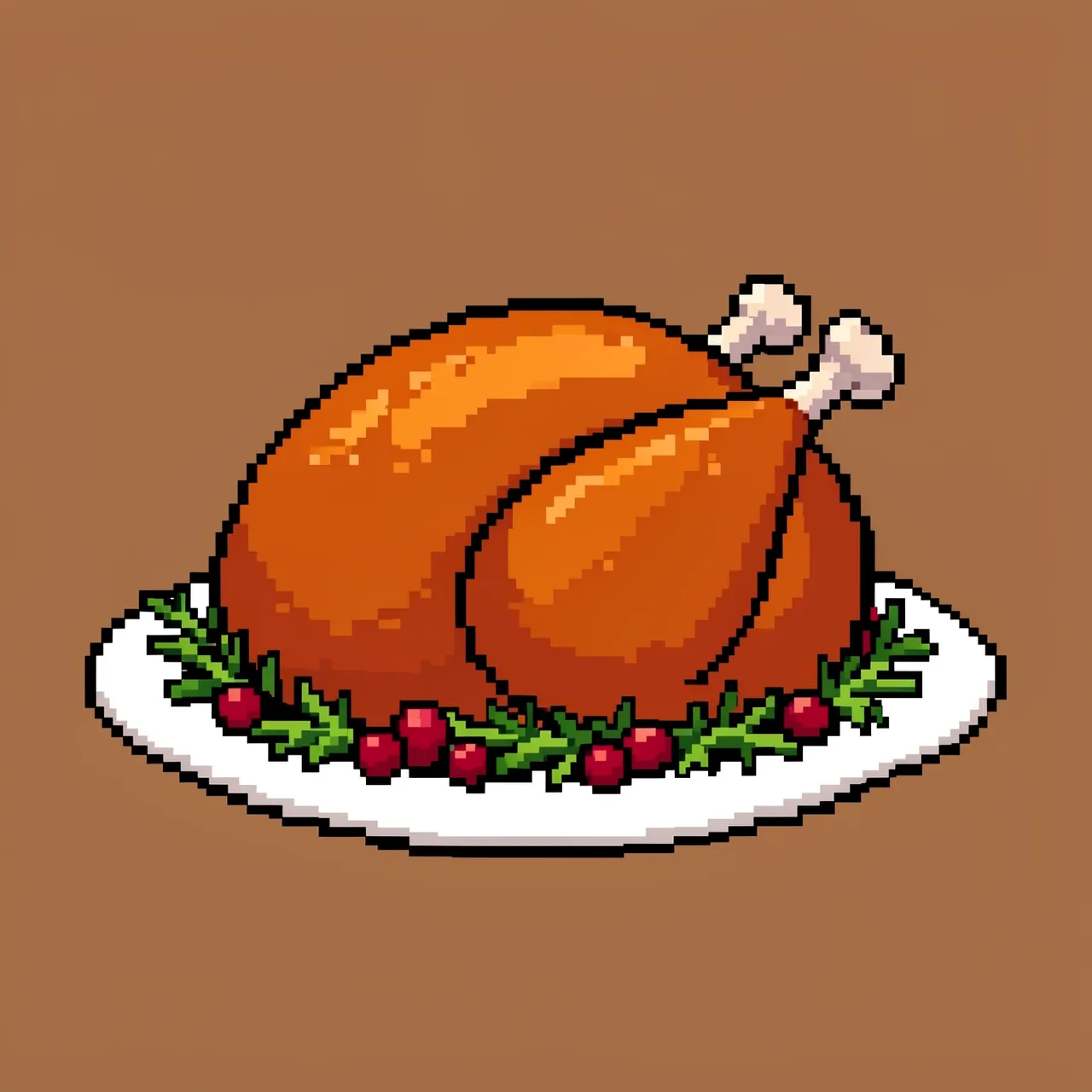 16-bit pixel art roast Thanksgiving turkey on a white platter garnished with rosemary and cranberries over a solid brown