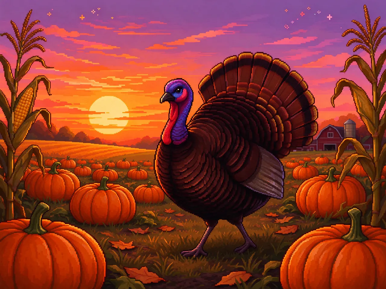16-bit pixel art strutting Thanksgiving turkey in a pumpkin and corn field at vibrant sunset