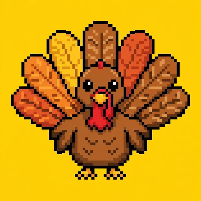 Retro 8-bit pixel art of a cute Thanksgiving turkey on a solid yellow background