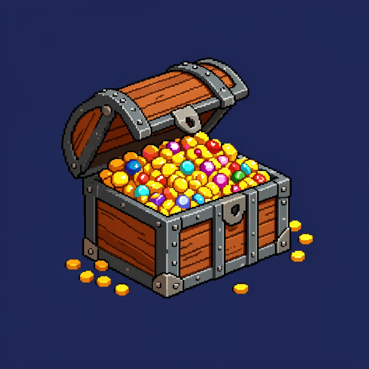 16-bit pixel art of an open iron-banded treasure chest overflowing with gold coins and jewels on a plain navy background