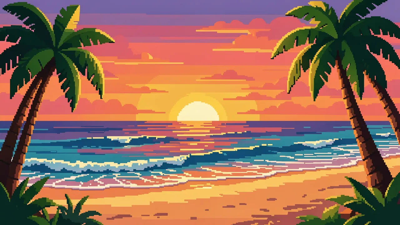 16-bit pixel art of a tropical beach with palm trees, gentle ocean waves, and a glowing sunset sky
