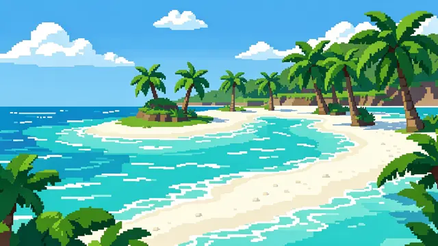 Retro 16-bit pixel art of a noon tropical island lagoon with turquoise water and white sand lined with palm trees