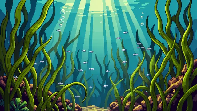 16-bit pixel art of an underwater kelp forest with sunbeams, swaying fronds, and small silver fish swimming between rocks