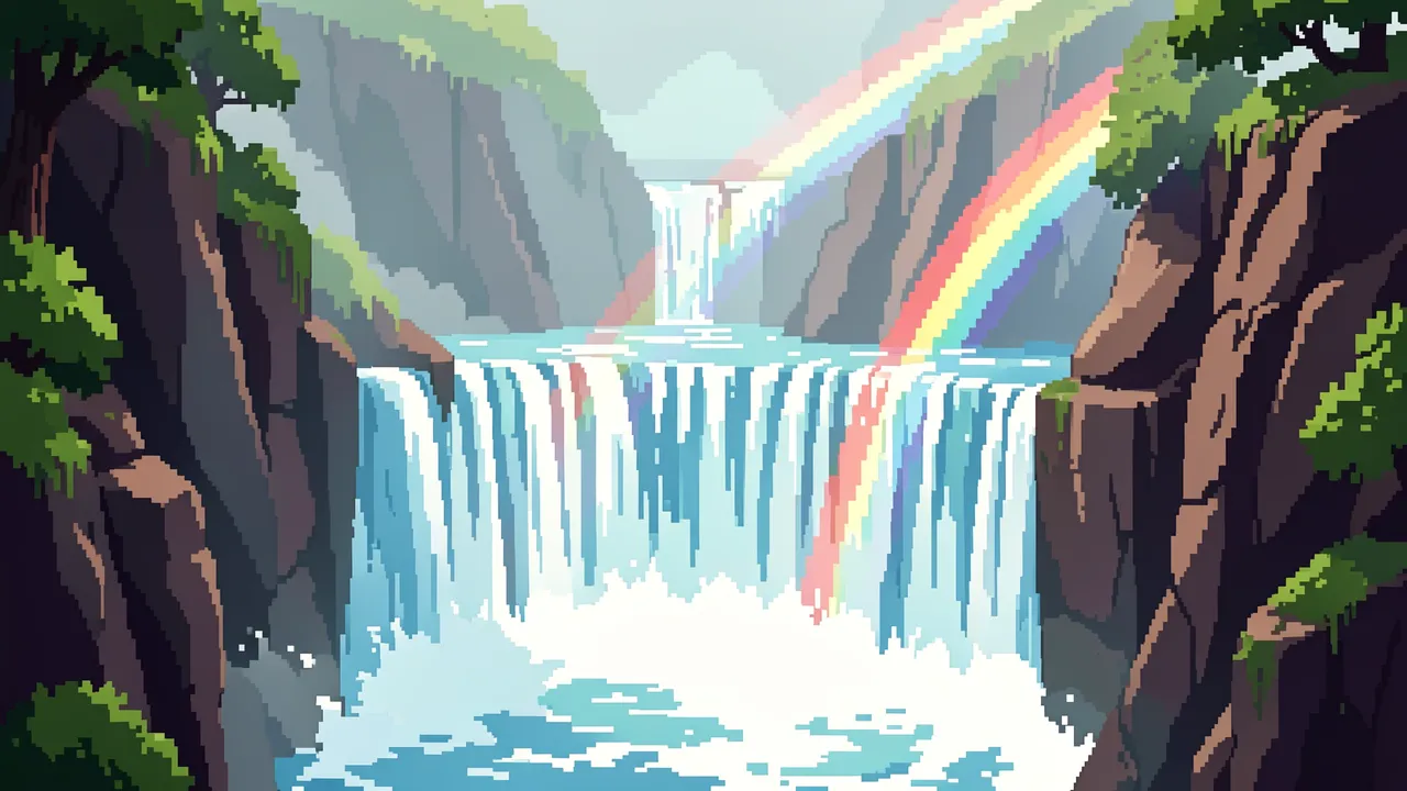 Retro 16-bit pixel art of a tiered waterfall in a rocky gorge with rainbows in the mist spray