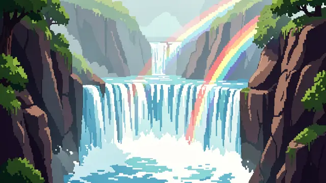 Retro 16-bit pixel art of a tiered waterfall in a rocky gorge with rainbows in the mist spray