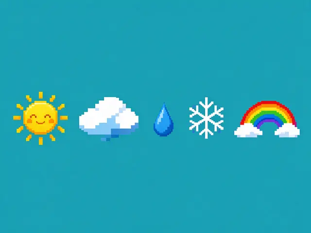 Retro 8-bit pixel art weather icons arranged in a row on a plain teal background