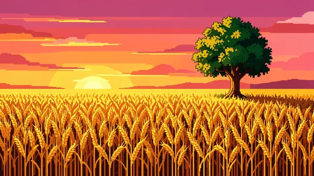 16-bit pixel art of a golden wheat field with a lone tree under a gradient sunset sky