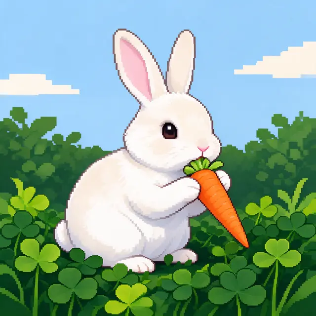 16-bit pixel art of a fluffy white bunny nibbling a carrot while sitting in clover under a blue sky