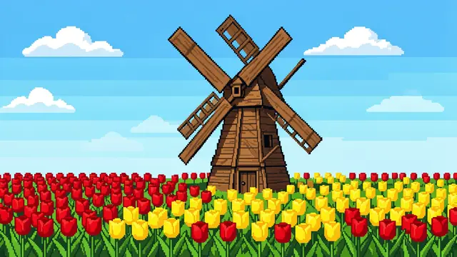 16-bit pixel art of a wooden windmill standing in red and yellow tulip fields under a bright blue spring sky with clouds.