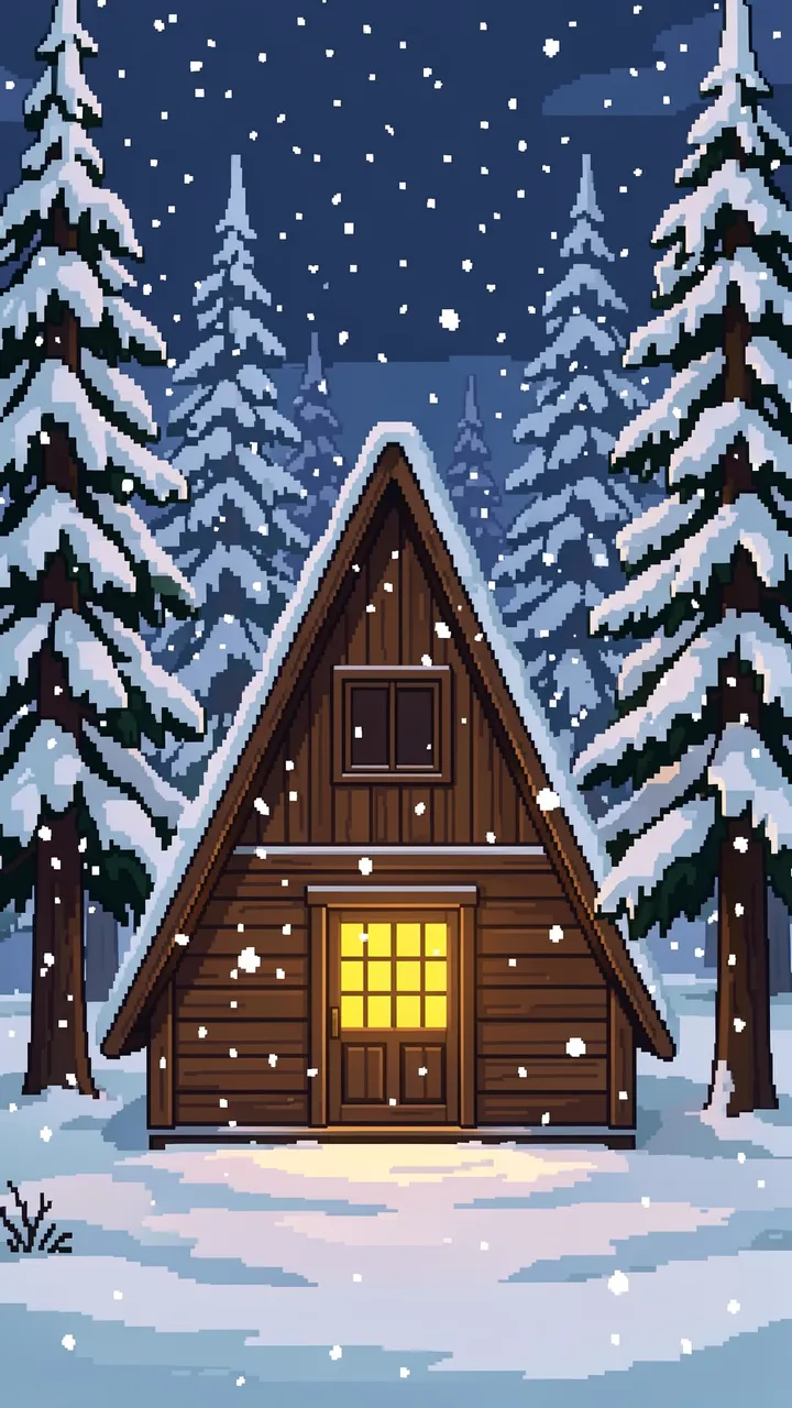 16-bit pixel art of a snowy A-frame cabin with a glowing door light under falling snow and pine trees at evening