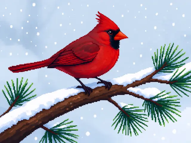 Red northern cardinal perched on a snow-dusted pine branch as pixelated snow falls