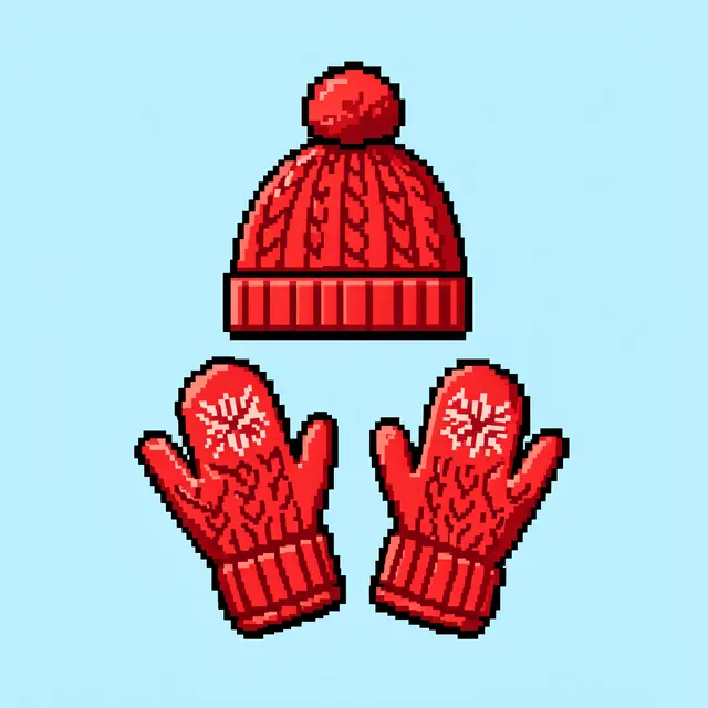 Retro 16-bit pixel art of red knitted pompom hat and snowflake mittens on a pale blue background