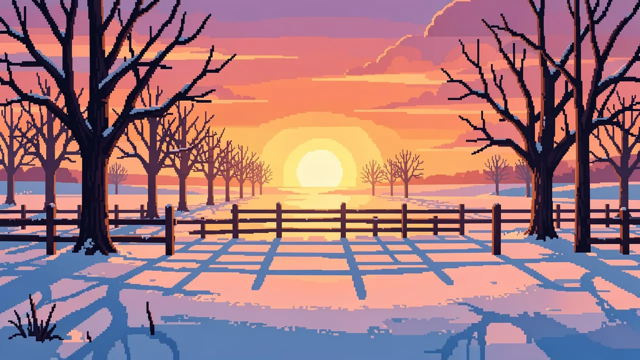 16-bit pixel art of a winter sunrise over snow-covered fields with bare trees, wooden fence and long blue shadows