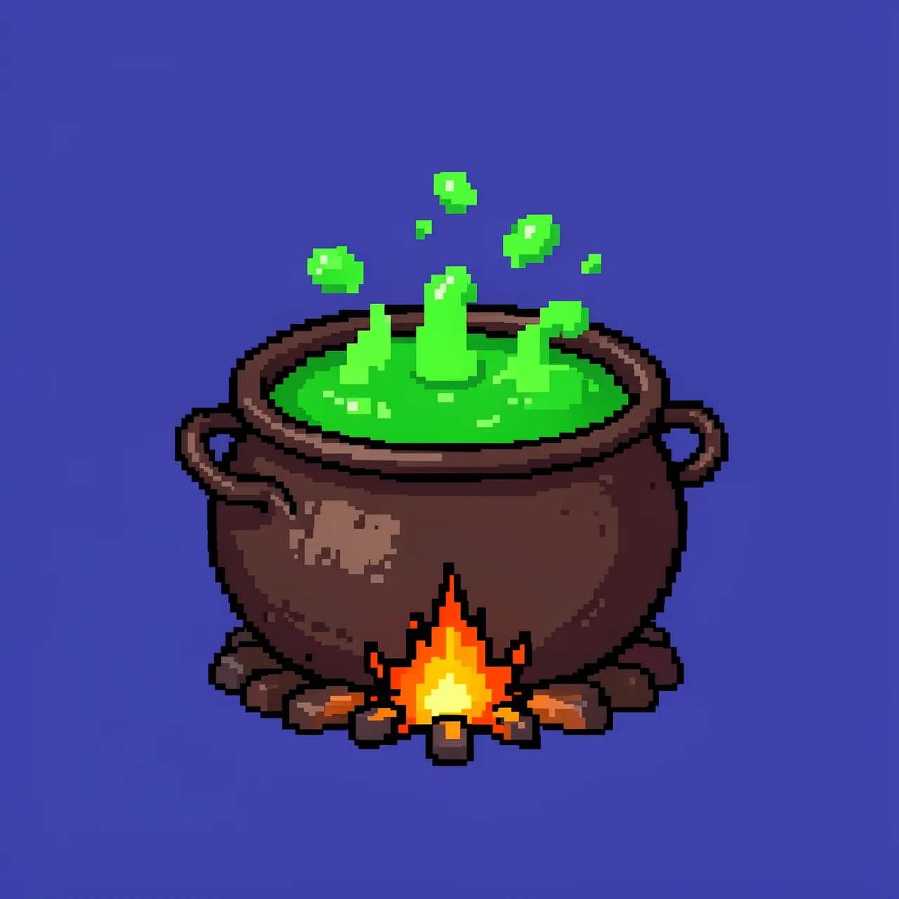 Retro 16-bit pixel art of a bubbling witch's cauldron over fire on an indigo background