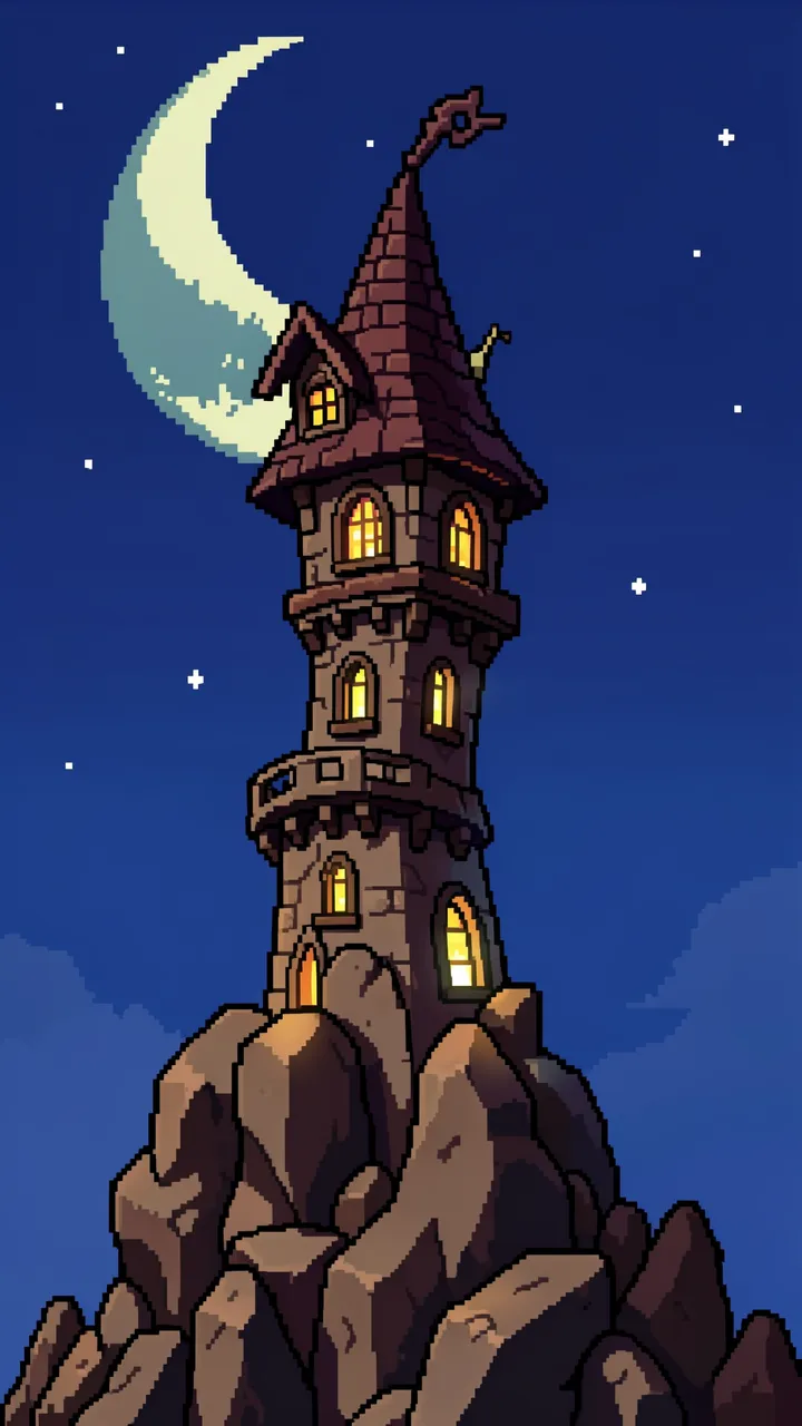 Retro 16-bit pixel art of a crooked stone wizard tower on rocks under a crescent moon night sky