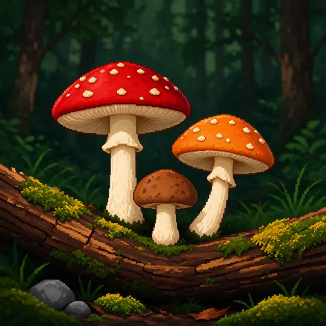 16-bit pixel art of three different height red, orange, and brown spotted mushrooms growing on a mossy log in a dark forest.