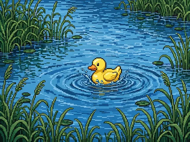 Retro 16-bit pixel art of a yellow duck paddling on rippling blue water surrounded by green reeds
