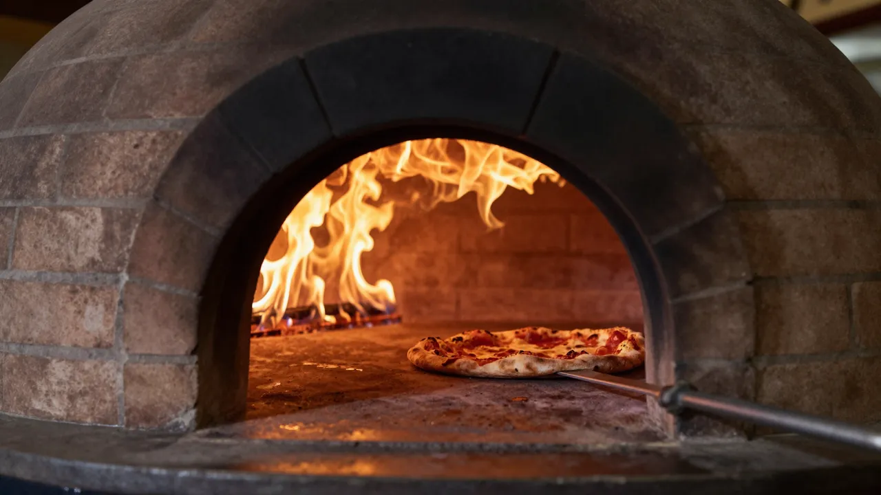 A blistering pizza rests on a peel inside a wood-fired brick oven with rising flames licking the interior dome.
