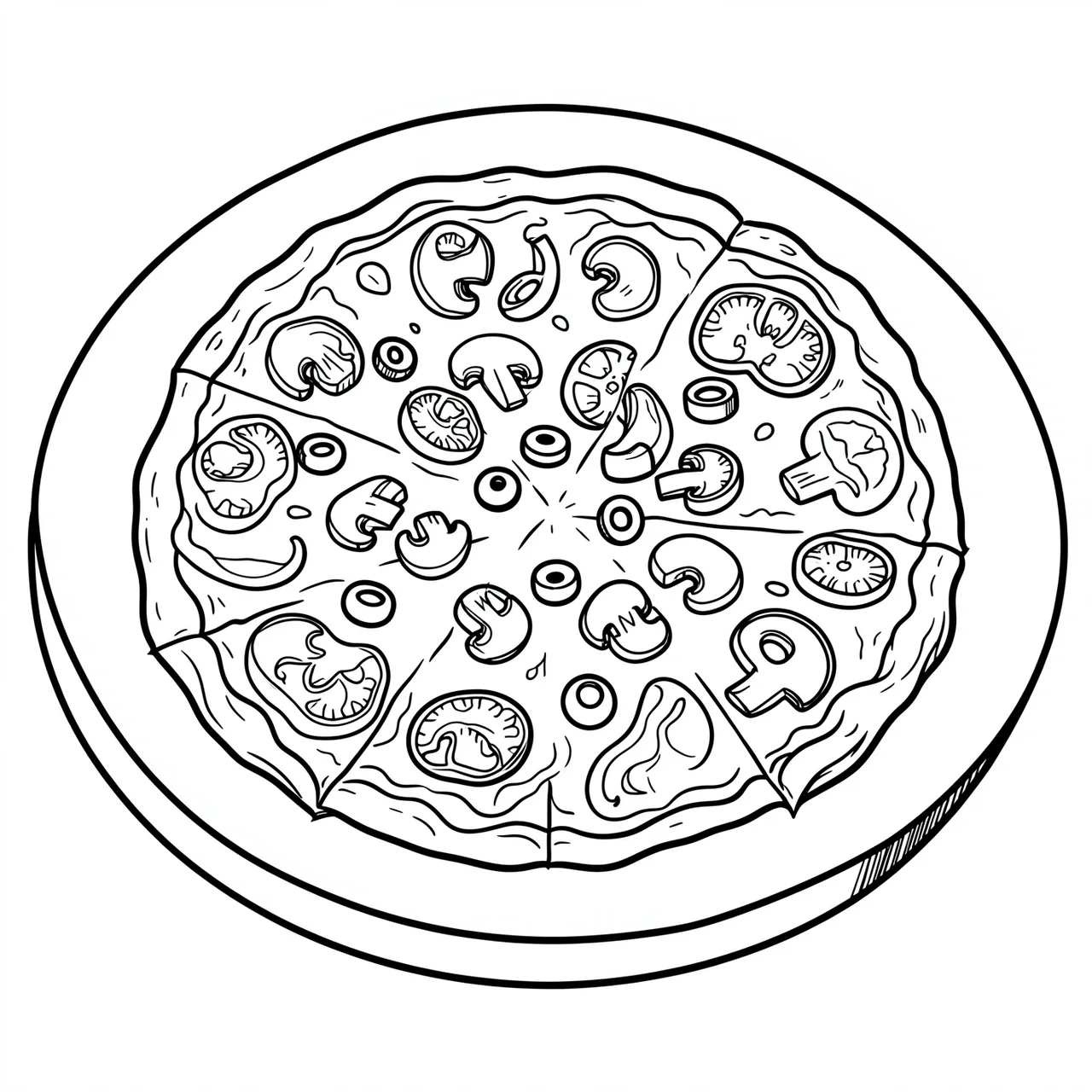 Bold black and white line art of a whole topped pizza on a round plate for coloring