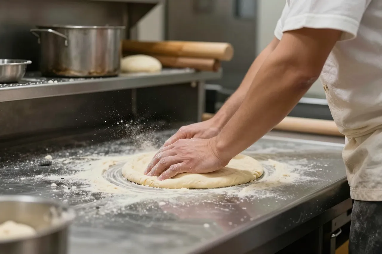 A chef presses pizza dough on a floured metal counter in a commercial kitchen.