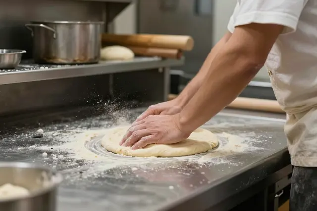 A chef presses pizza dough on a floured metal counter in a commercial kitchen.