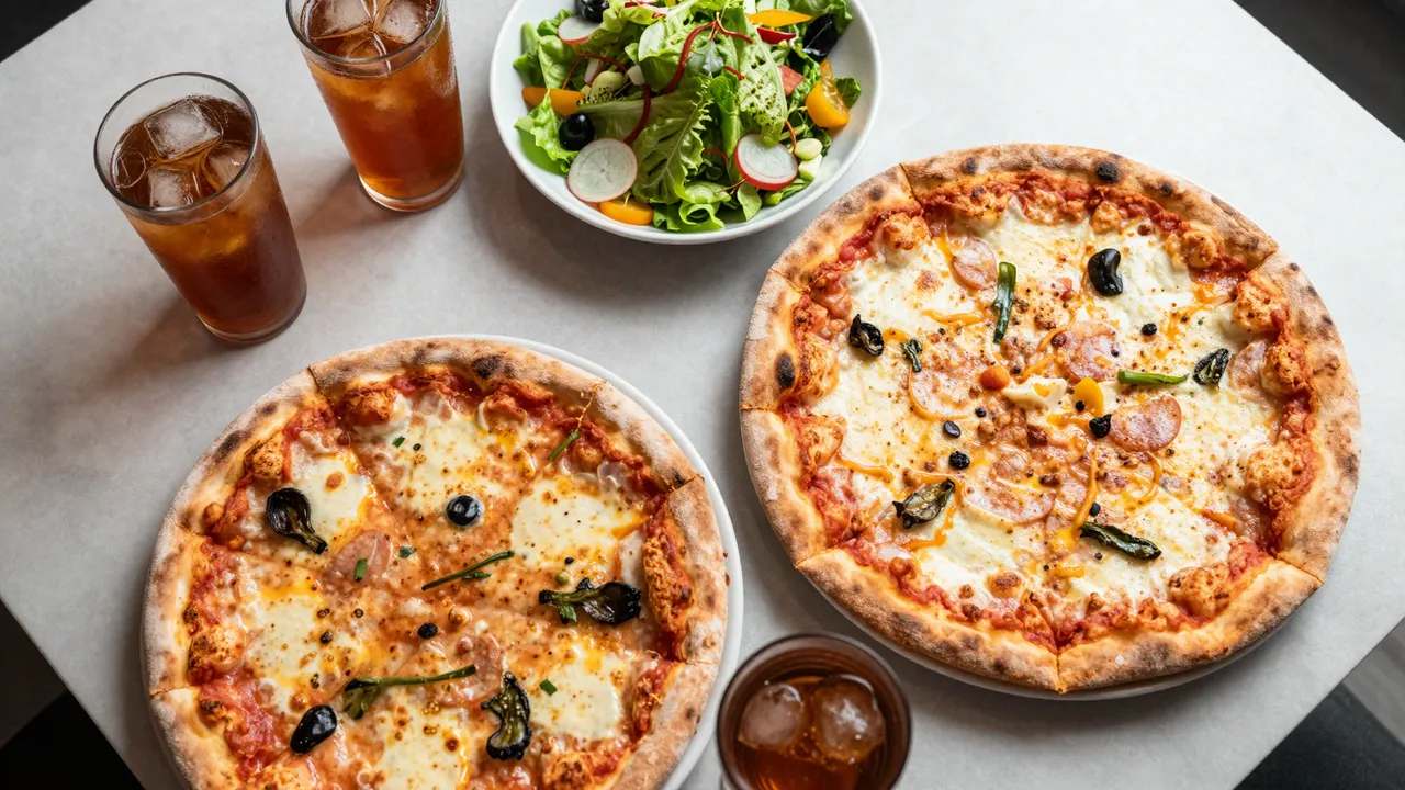 Overhead view of two pizzas, a fresh salad, and iced tea glasses arranged on a light table