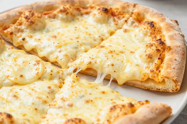 A close-up of a cheese pizza with a lifted slice showing stretchy melted cheese strands between pieces.