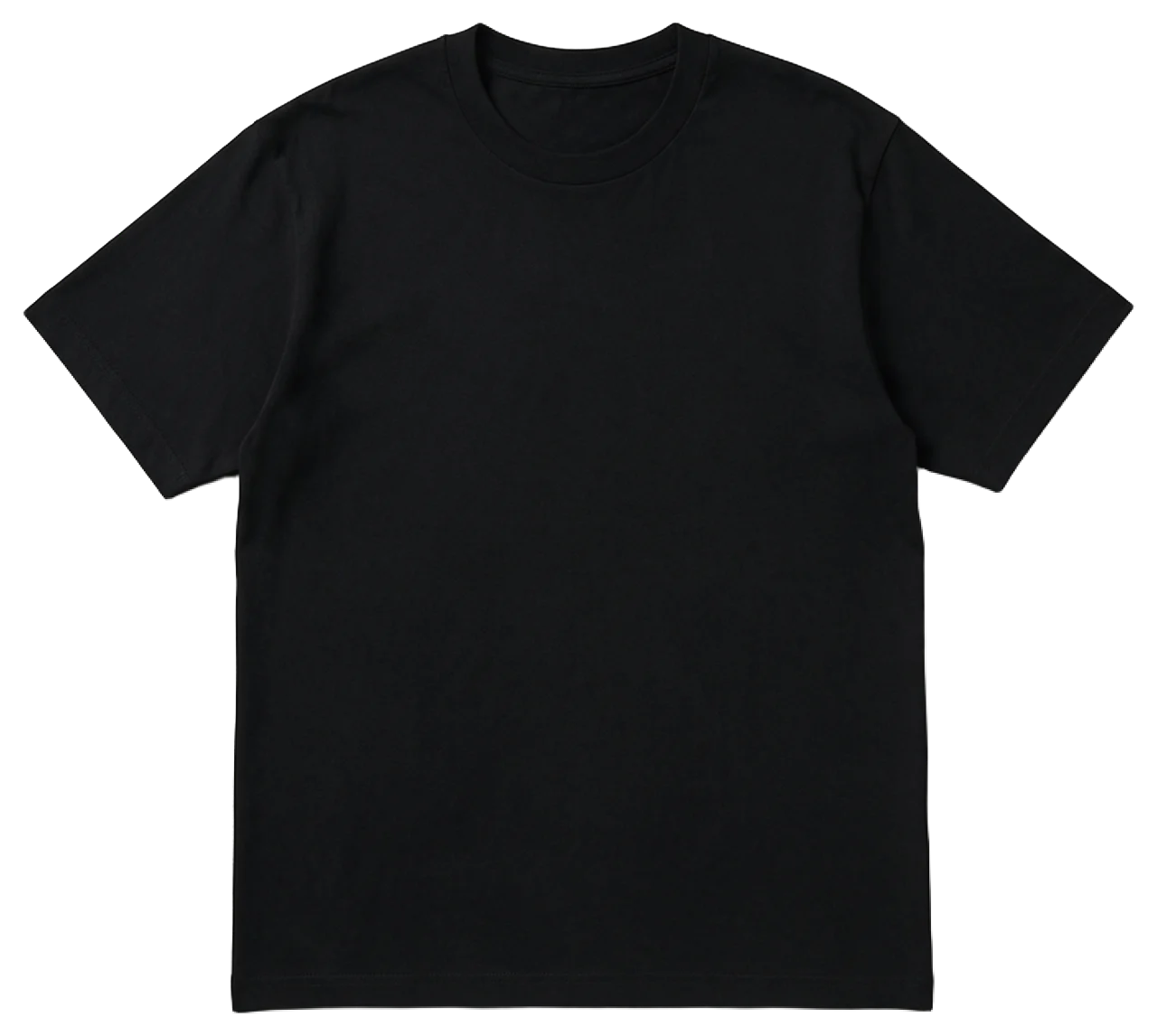 A neat, flat-laid plain black short-sleeved cotton t-shirt viewed from directly above