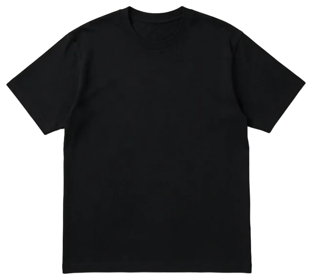 A neat, flat-laid plain black short-sleeved cotton t-shirt viewed from directly above